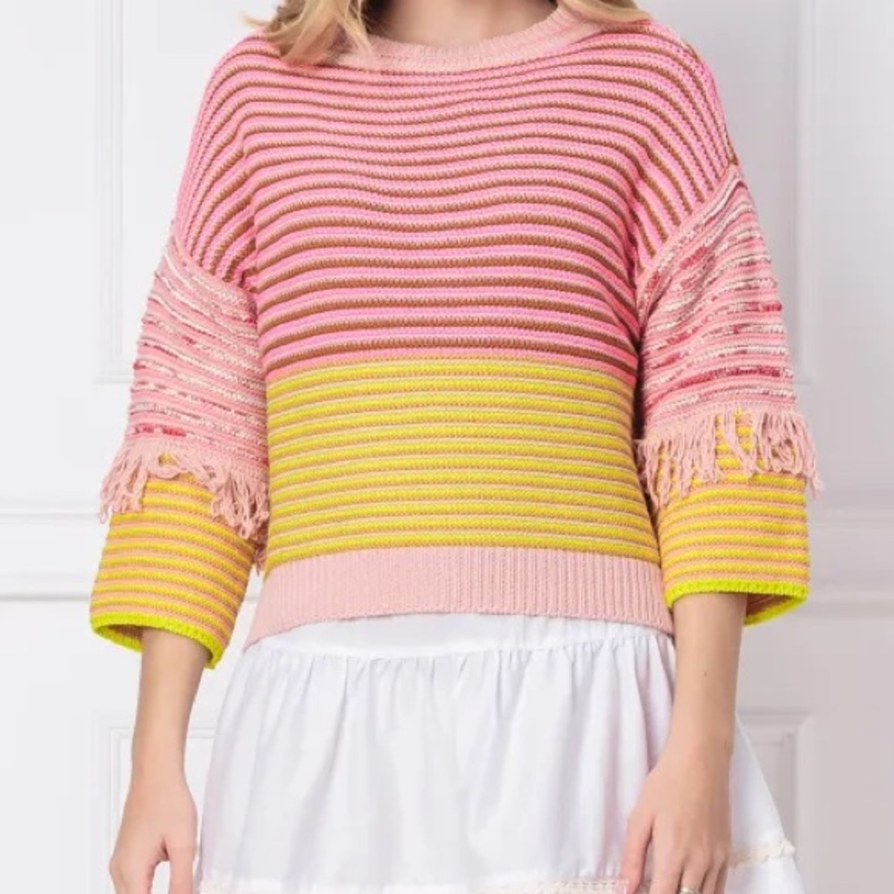 Twinset knit sweater yellow/pink/brown stripped fringe sleeve box fit medium